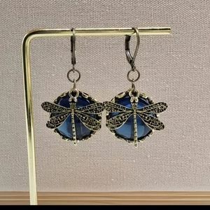 Gold antiqued titanium bronze dragonfly and blue crystal boho earrings new
